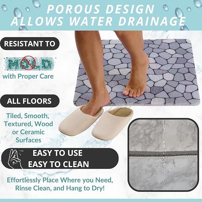 Enkosi Loofah Shower Mat Non Slip – Square Anti Slip Bath Mat for Inside Showers, Bathtub, Tub, Bathroom - Cushioned, Quick Dry PVC with Drain Holes - Secure Grip Safety Pad (Pebble Blue 24x24)