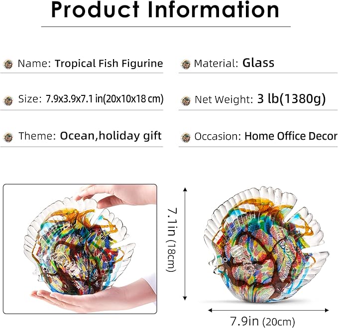 EUSTUMA Hand Blown Glass Tropical Fish Figurines Ornament,Sea Animal Sculpture for Fish Tank Aquarium,Sea Animals Collection for Birthday Gift,Glass Sculpture