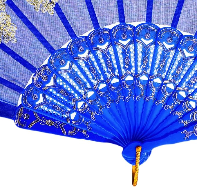 QIRMIZI 10 Pack Folding Handheld Fans,Silk Spanish Fan, Perfect for Weddings, Parties, and Dancing,Royal Blue
