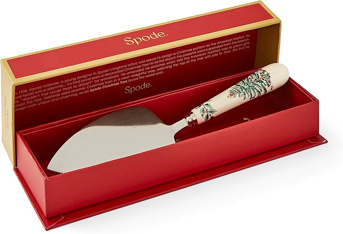 Spode Christmas Tree Cake Server, 10.5-Inch Stainless Steel Cake Knife with Fine Porcelain Handle, Holiday Dessert Flatware, Festive Christmas Utensil, Elegant Holiday Table Setting Addition