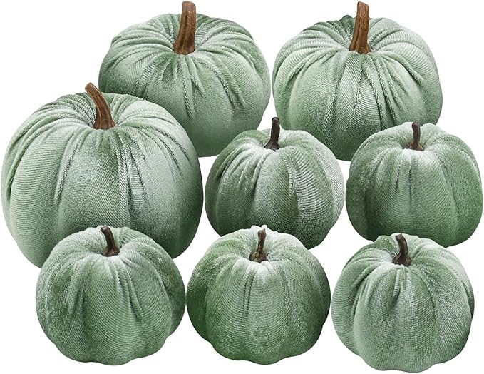 Woration 8pcs Fall Pumpkin Home Lake Green Décor Rustic Artificial Fake Velvet Fabric Pumpkins Harvest Thanksgiving Kitchen Farmhouse Wedding Festival Decorations