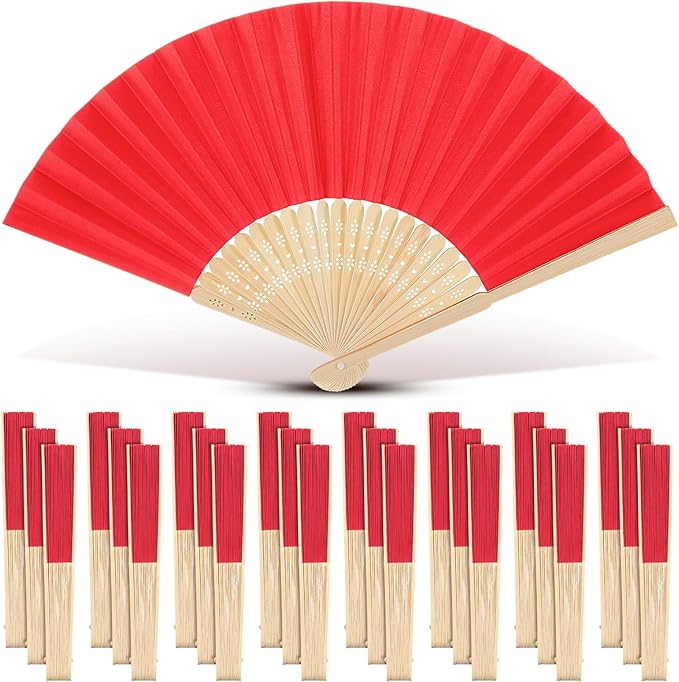 Yinkin 24 Pack Folding Fans Bamboo Handheld Folded Craft Hand Japanese Chinese Fans for Weddings Bridal Dancing Church DIY Decoration Women Gift Party Favors (Red)