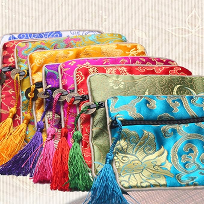 NHW EAVOQLB 16 pcs Traditional Brocade Embroidery Fringed Wallet Zipper Jewelry Bag Value Set