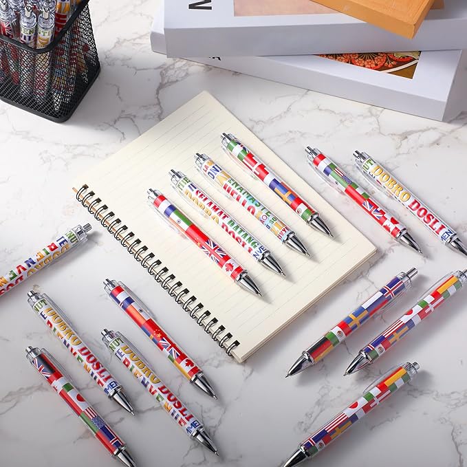 Treela 24 Pcs International Flag Pens World Country Flag Ballpoint Pens Retractable for International Sports Events Party Favors School Office Supplies