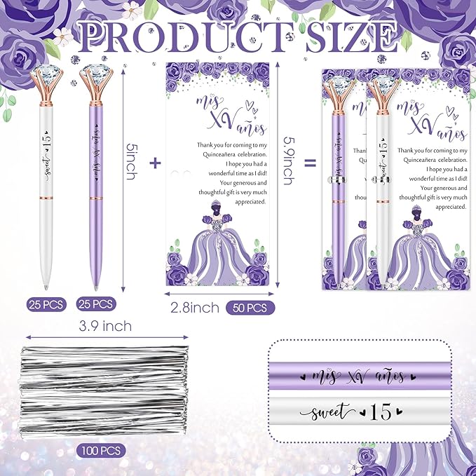 50 Set Quinceanera Party Favors for Guest Sweet 15 Diamond Pens Bulk Mis XV Años Fancy Ballpoint Pen with Thank You Cards and Ties 15th Birthday Thank You Gifts(Purple, White)