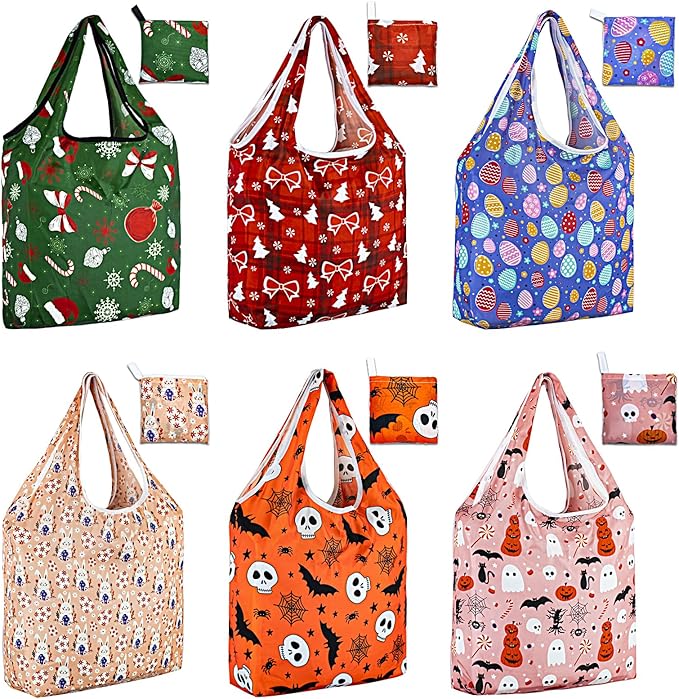 LOLOMLO 6 Pack Eco-Friendly Reusable Grocery Bags Lightweight Durable Washable Shopping Tote Foldable Outings Storage Pouch