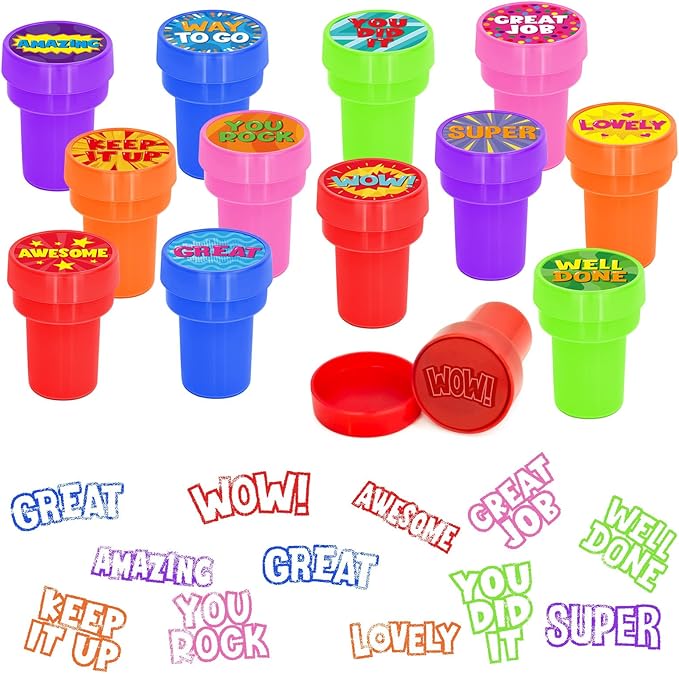 Cinrobiye 24 Pcs Assorted School Stampers, Positive Reward Sticker Stamps, Back to School Teacher Supplies for Pinata, Classroom Prizes, Goodie Bag Fillers, DIY Craft Activities