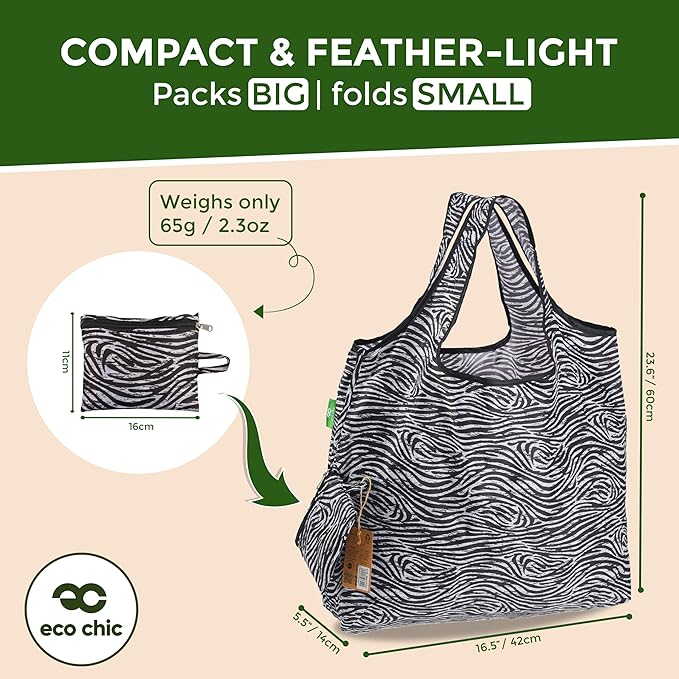 ECO CHIC Foldable Reusable Large Grocery Bags - Foldable Grocery Bags - Lightweight, Recycled & Reusable Shopping Bag - Waterproof, Packable Tote Fitting in Fine Grocery Bag Carrier