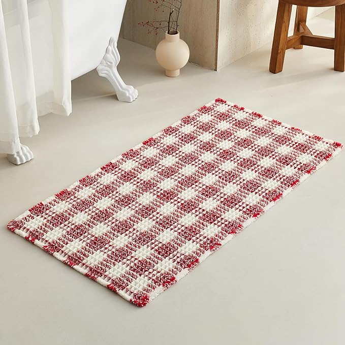 Waffle Bath Mat, Boho Christmas Bathroom Rugs Non Slip Washable Absorbent Checkered Bathroom Mat Quick Dry Cute Bath Mat, 48"x24" Red and White