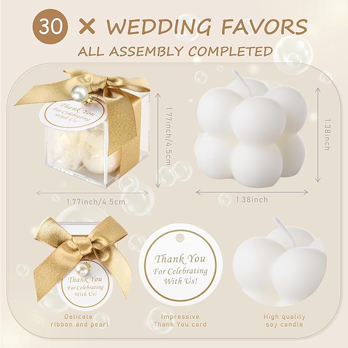 ACITHGL 30 Sets Fully Assembled Small Bubble Candle Party Favors for Guests Bulk Bridal Showers Favors Candles with Stylish Ribbons Thank You Cards Gifts (Gold)