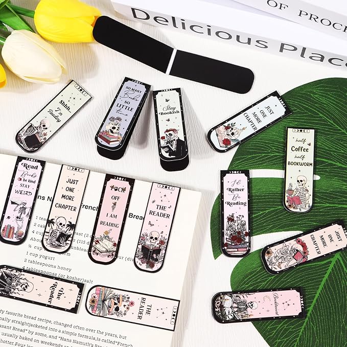 Skeleton Reading Bookmark Magnetic Gift - Wxiben 30 Pcs Gothic Skull Bookmarks Magnetic Floral Skeleton Book Marks Page Magnets Marker Clip for Women Men Students Teacher Book Lovers Bookish
