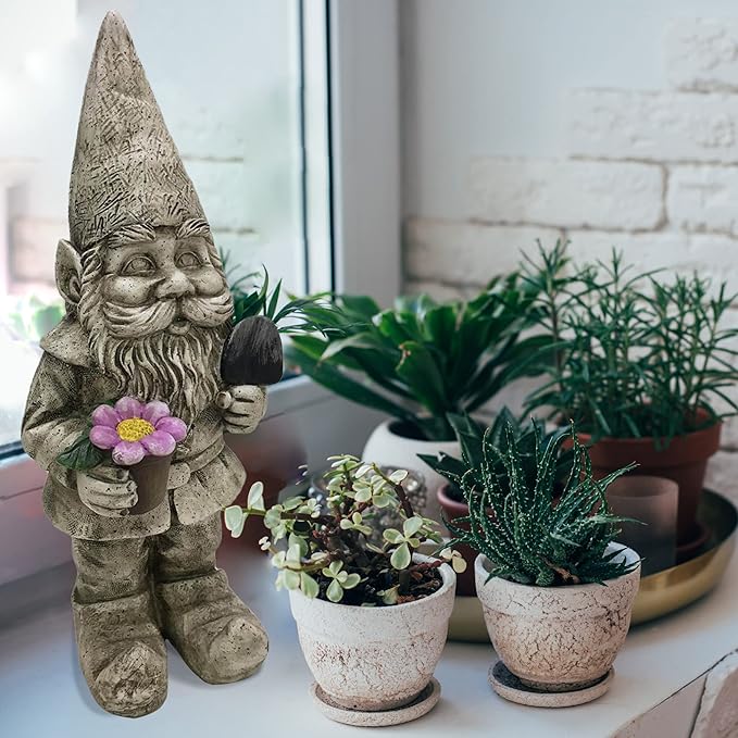 Design House 395848 Indoor/Outdoor Gnome with Flower Pot and Shovel Figurine Statue for Garden Patio Home & Office Décor Housewarming Gifting Birthdays, 7.5 L x 6.9 W x 18.5 H, Multicolor
