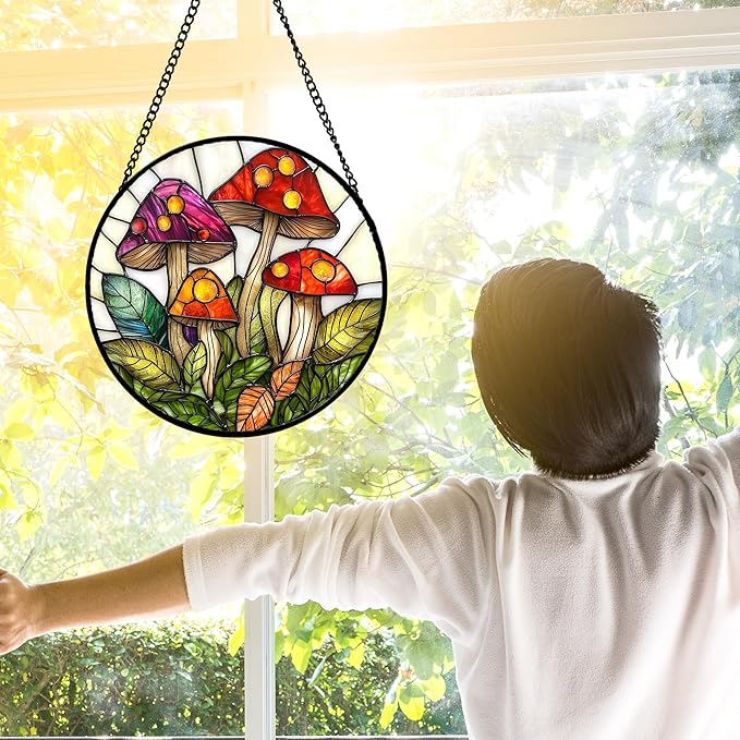 Stained Glass Window Hanging, Mushroom Leaves Suncatcher for Doors Home Sun Catchers Decoration and Christmas, Mother's Day Birthday Gifts for Women, Men, and Mom 11.8x11.8 in