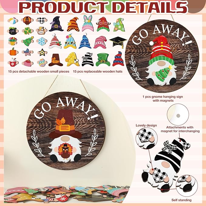 Easter Seasonal Gnome Wall Decor Set, 11.8 inch Wooden Round Sign with Interchangeable Holiday Hats, Go Away Door Hanging (Attractive)