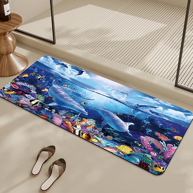Bathroom Rugs Non Slip Quick Dry Bath mat Rubber Bathroom mat, Super Absorbent Bath mat, Washable Bathroom mat Bath Rugs, Shower Mat Bath Mats for Bath Floor, 16.9x35.4in, Dolphin