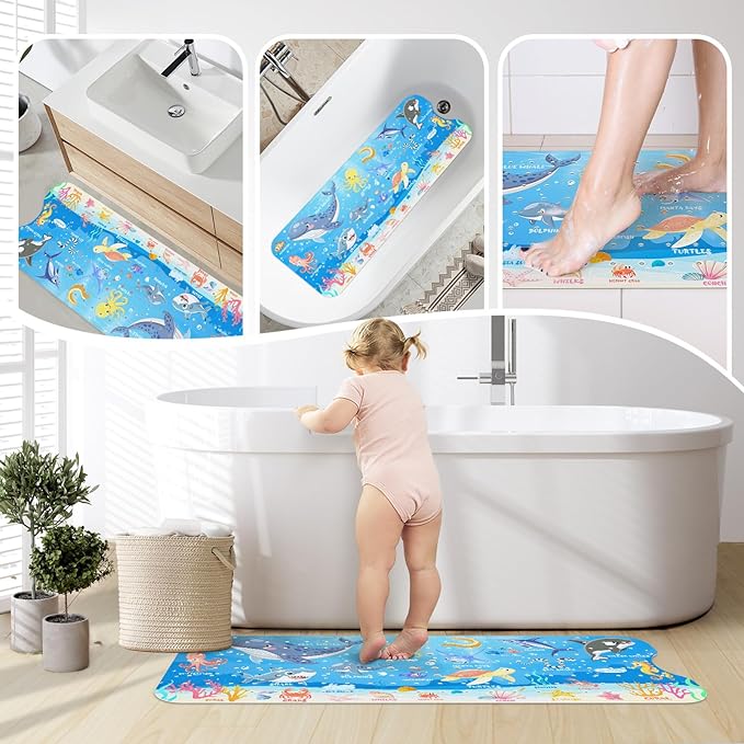 SHUCHING Ocean Animals Bath Mat for Tub Non Slip-40 X 16 Inch, Baby Kids Bathtub Mat Non Slip, Toddler Long Shower Mat for Bathroom