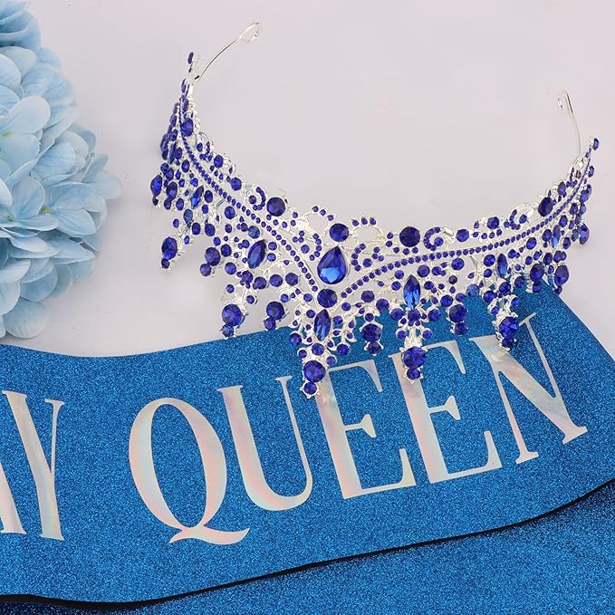 COCIDE Blue Birthday Queen Sash for Women Happy Birthday Crowns Princess Tiaras Sashes for Girl Crystal Party Decorations Rhinestone Headband Supplies Decor