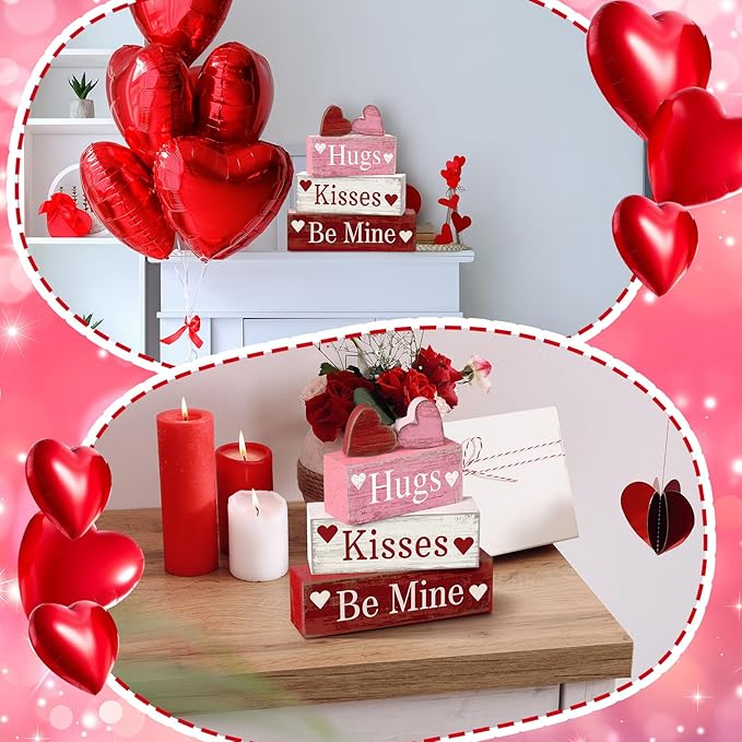 4 Pcs Valentine's Day Table Decorations Wooden Heart Valentine Tiered Tray Decor Valentine Day Centerpiece Rustic Decorative Heart Block Signs Gift Farmhouse Valentines Decor for Home Kitchen