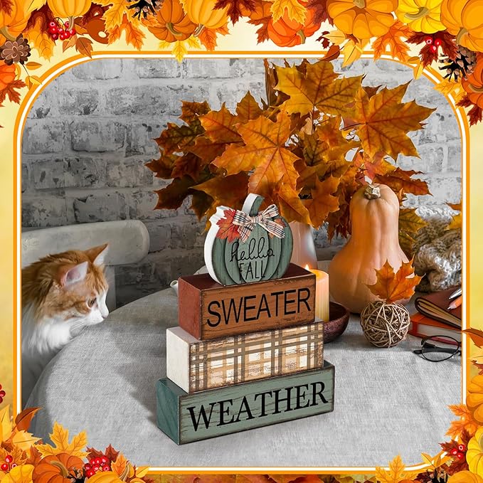 4 Pcs Thanksgiving Pumpkin Decor Fall Decorations for Home Thanksgiving Table Centerpiece Pumpkin Tiered Tray Decor Rustic Decorative Block Signs Farmhouse for Harvest Party Table Kitchen Home