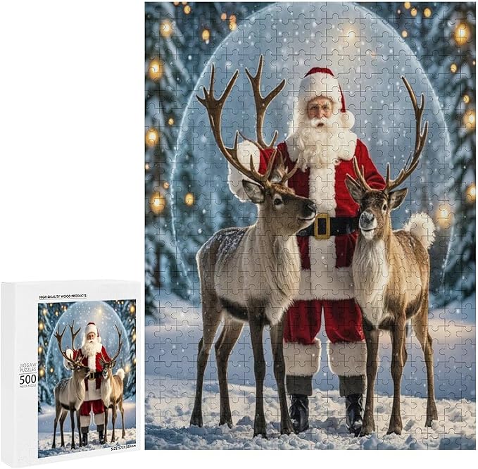 Puzzles for Adults 500 Pieces Wooden Jigsaw Puzzle - Santa Claus and Reindeer Christmas Series Theme Puzzle，Party Games，Family Toys，Educational Puzzles，Stress Relief Wooden Puzzle，Home Decoration