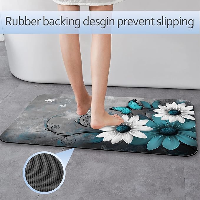 Abstract Blue Daisy Bathroom Rug 29.5"x17", Butterfly Bath Mat with Non-Slip Rubber Backing, Quick-Drying Absorbent Thin Floor Mat for Bathroom, Shower, Sink, or Kitchen