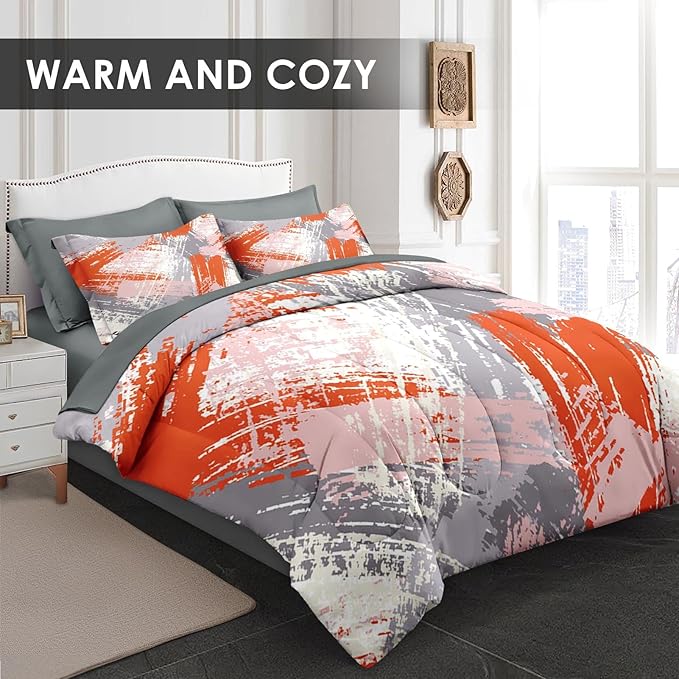Comforter Set Twin Size, Urban Graffiti Orange Grey 5 Pcs Bedding for Kids and Adults, Abstract Paint Line Bed Sheet Sets with Fitted Sheet Pillowcase & Sham for Bedroom Bed Decor