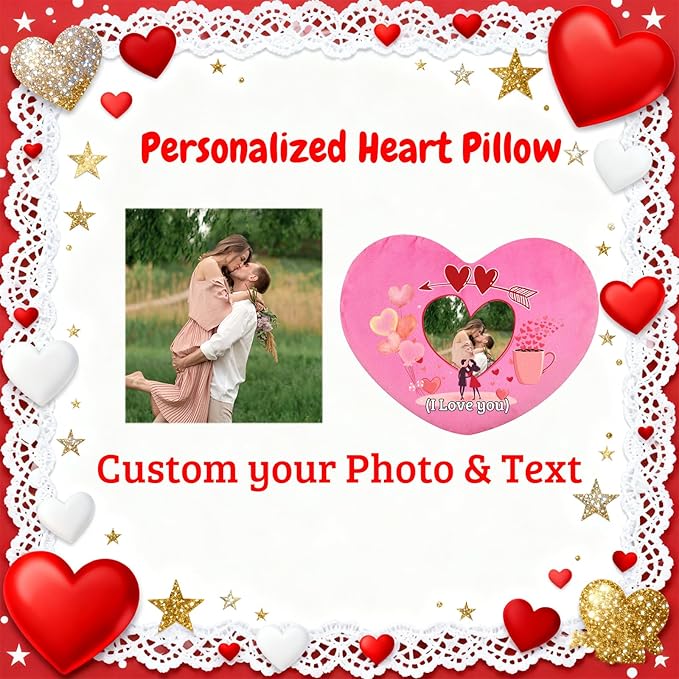 Custom Heart Pillow with Photo Text, Personalized Heart Shaped Pillow with Insert as Valentine Pillows Home Decor Personalized Gifts for Husband Wife Kids Family on Valentines Day Anniversary