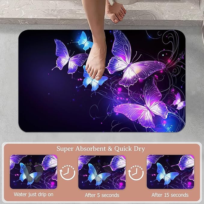 Diatomaceous Earth Bath Mat,Flying Butterflies Bath Rugs,Glowing Stars Non-Slip Thin Absorbent Fast Drying Easy to Clean for Bathroom Laundry Home Kitchen Door Mat 17x29.5Inch