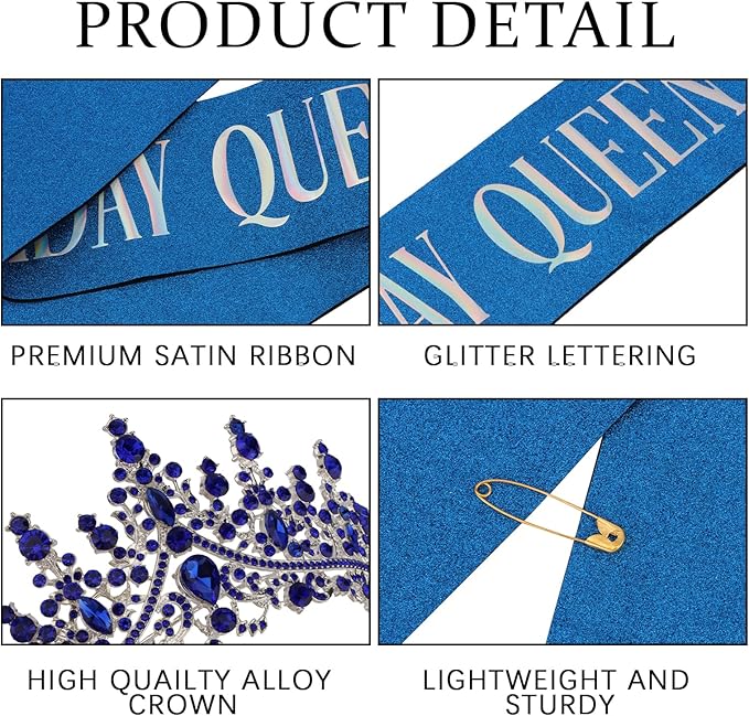 COCIDE Blue Birthday Queen Sash for Women Happy Birthday Crowns Princess Tiaras Sashes for Girl Crystal Party Decorations Rhinestone Headband Supplies Decor