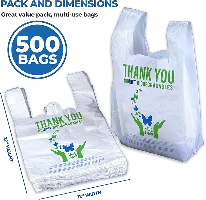 Biodegradable Thank You Bags | 500 Count - Bulk | Extra Thick, Strong, Recyclable, & Reusable | 100% Biodegradable Shopping Bags, Grocery/Restaurant/Supermarket | 12" x 6.5" x 22" | Made in USA