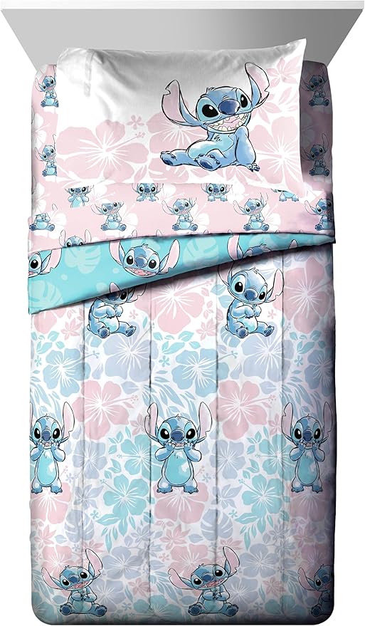 Jay Franco Disney Lilo & Stitch Twin Comforter Set - 5 Piece Bedding Includes Sheet Set & Pillow Covers - Super Soft Kids Floral Bedding