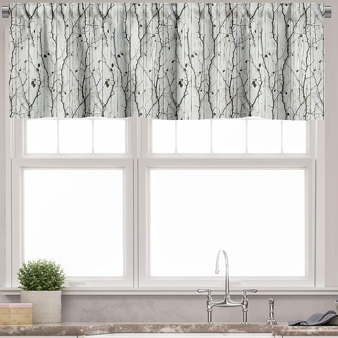 Ambesonne Farmhouse Window Valance, Autumnal Thin Tree Branches with Cocoa Tone Leaves on Rustic Back Print, Curtain Valance for Kitchen Bedroom Decor with Rod Pocket, 54" X 12", Off White Dark Brown