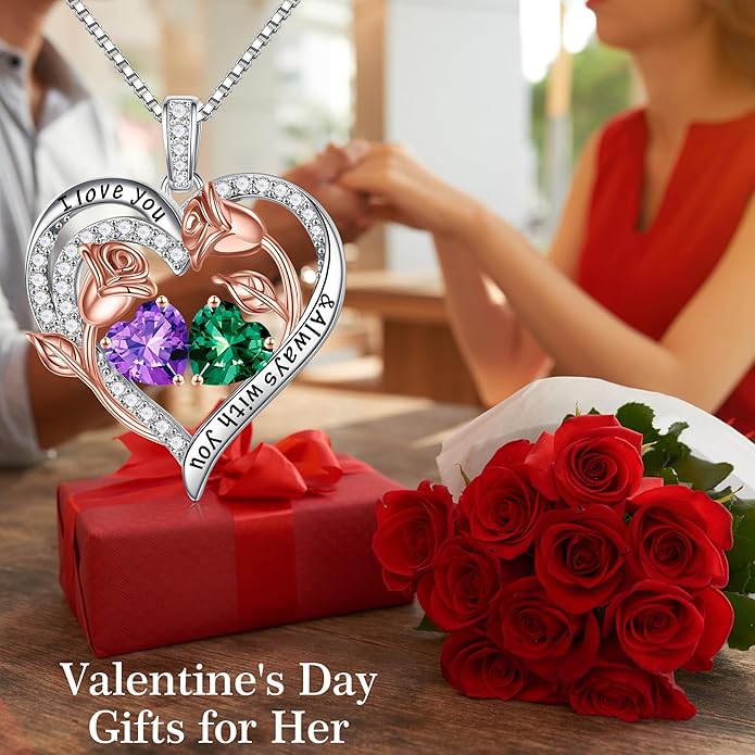 Iefil Valentines Day Gifts for Her - 925 Sterling Silver Rose Heart Birthstone Necklace Birthday Anniversary Jewelry Gifts for Her Wife Mom Daughter