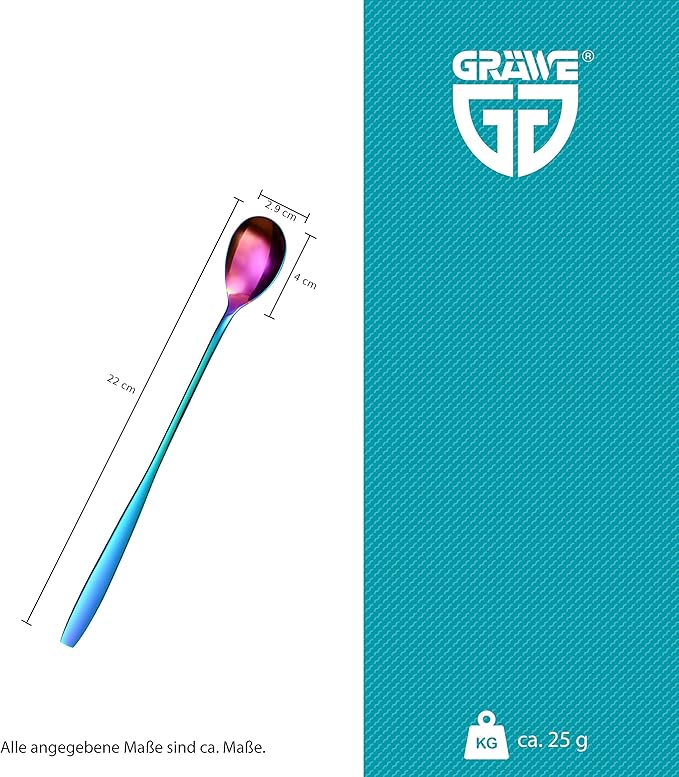 GRÄWE Long Handle Iced Tea Spoon, Coffee Spoon, Ice Cream Spoon, Spoons for desserts, Stainless Steel, Cocktail Stirring Spoons, Set of 6, Dishwasher Safe, Rainbow