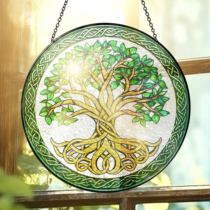FLAGWIX Tree of Life Gifts for Women Men - Stained Glass Window Hanging 8 in - Birthday Gifts for Mom Grandma, Tree of Life Decorations Indoor, Celtic Suncatchers Garden Decor