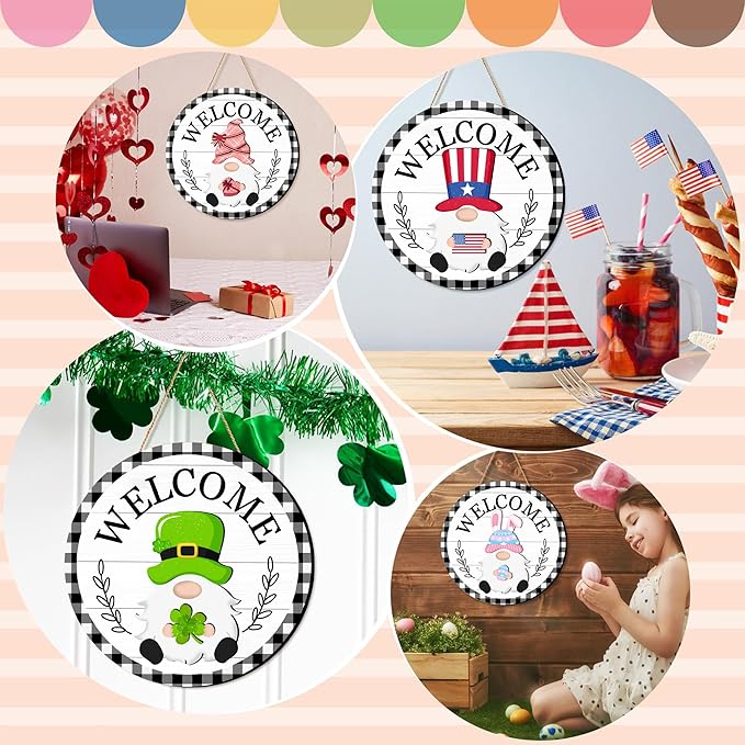 Seasonal Gnome Wall Decor Set, 11.8 inch Halloween Wooden Round Sign with Interchangeable Holiday Hats, Welcome Door Hanging (White-3)