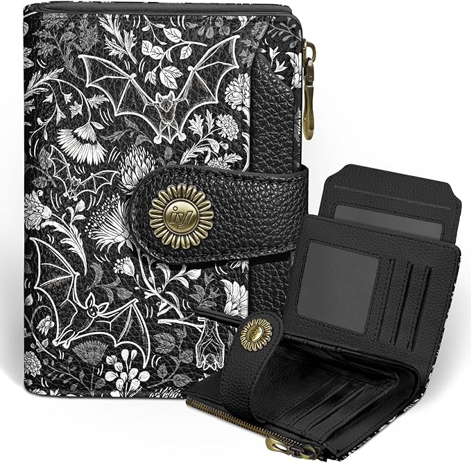 Goth Gothic Bat Small Wallet Women RFID Blocking Bifold, Credit Card Holder, Zipper Coin Pocket, PU Leather, Funny, Compact, Travel, 4 ID Window, 14 Card Slots, Cash Purse, Ladies Woman Female