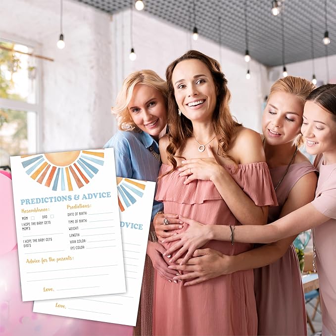Sunshine Predictions & Advice Baby Shower Game Kit - Retro Here Comes The Sun - 30 Double-Sided Fill In Game Cards For Baby Shower, Gender Reveal Party Favor, Activity & Supplies - D01