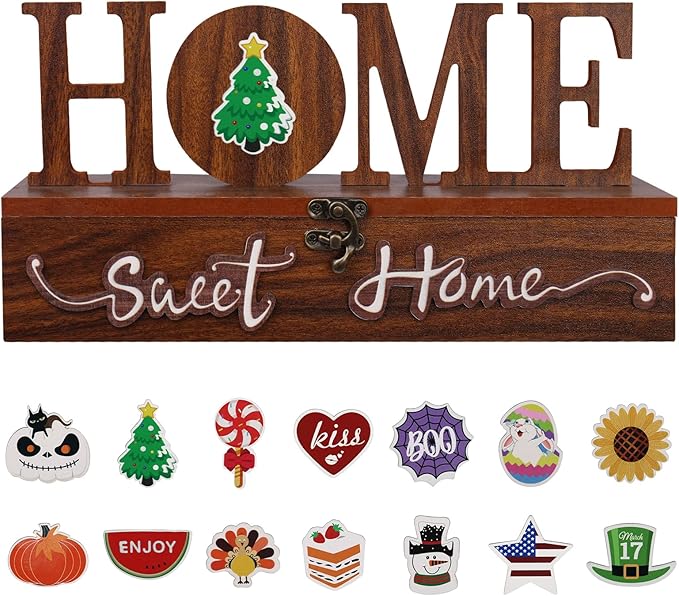 Interchangeable Home Sweet Home Sign, Wooden Seasonal Tabletop Plaque Decorations, for All Seasonal Desktop House Living Room Indoor Decor.