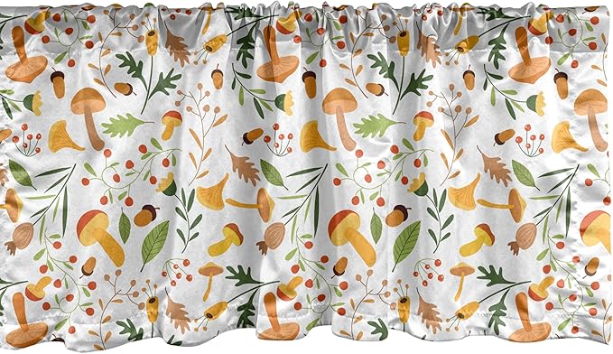 Ambesonne Acorn Window Valance Pack of 2, Mushroom and Holly Berries Pattern Nature Growth in The Fall Season Illustration, Rod Pocket Curtain Valances for Kitchen Bedroom, 42" X 12", Sand Brown