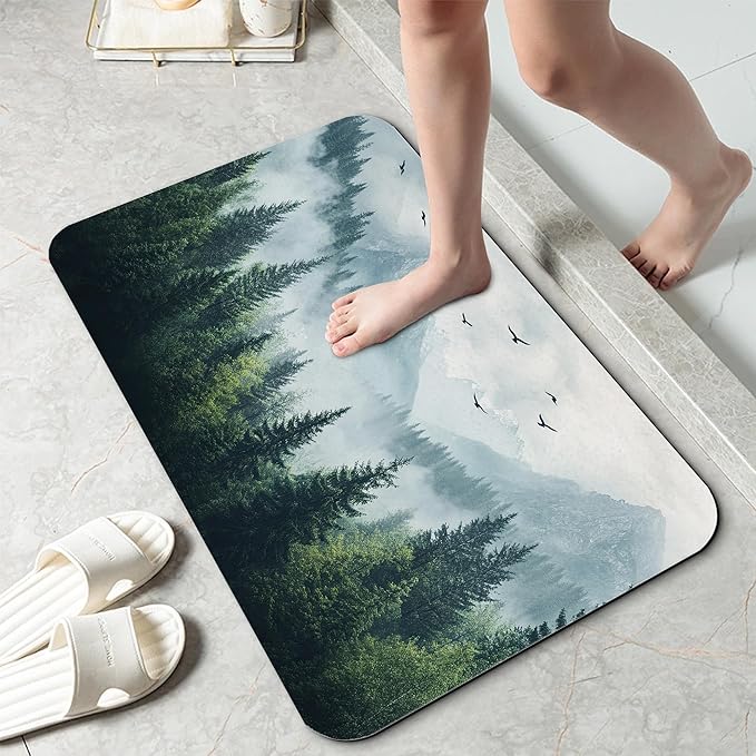 Misty Forest Bathroom Rug 29.5"x17",Green Tree Landscape Quick-Drying Super Absorbent Diatomite Bath Mat with Non-Slip Backing, Thin Washable Bathroom Floor Mat Fits Under Door for Shower, Sink