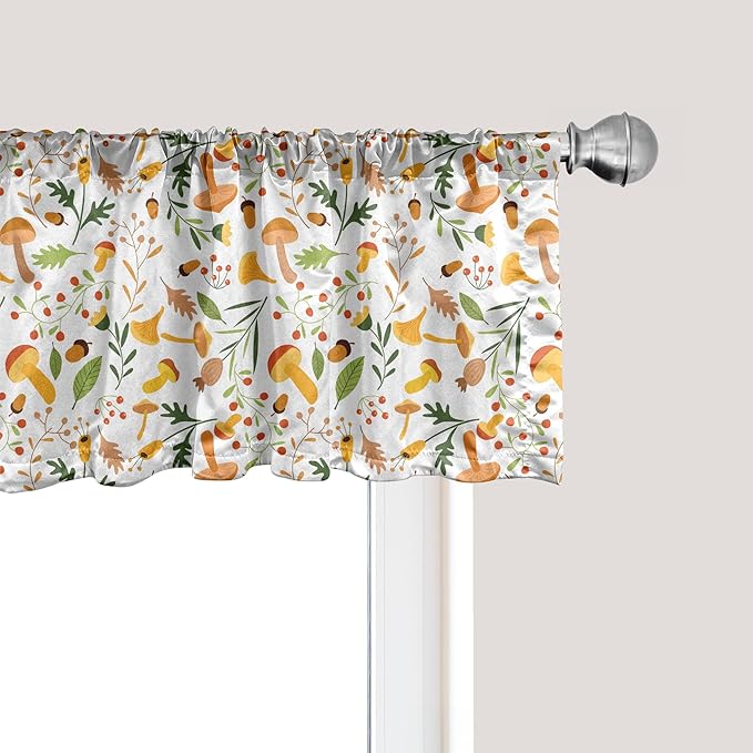 Ambesonne Acorn Window Valance Pack of 2, Mushroom and Holly Berries Pattern Nature Growth in The Fall Season Illustration, Rod Pocket Curtain Valances for Kitchen Bedroom, 54" X 18", Sand Brown