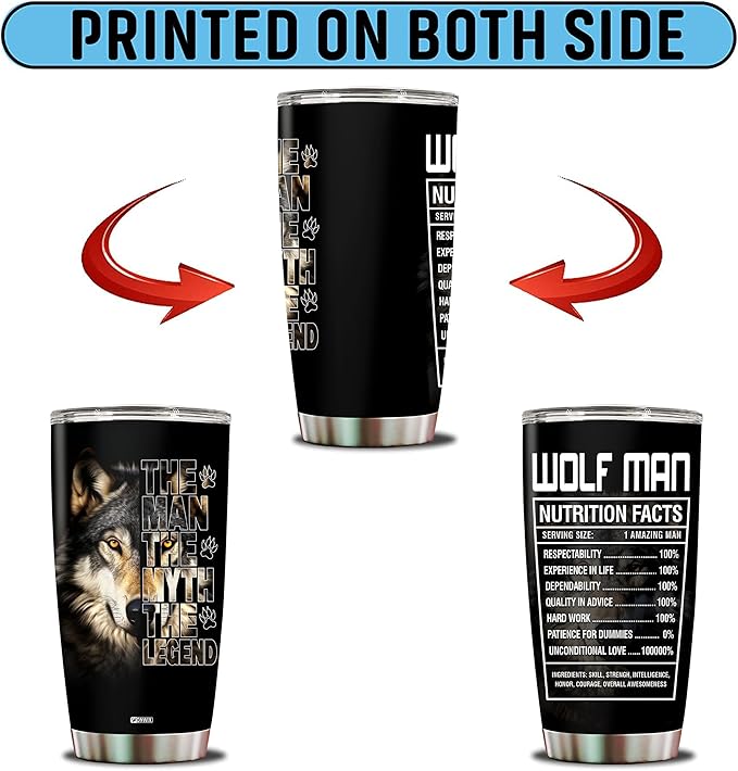 Wolf Gifts for Men Wolves Gift for Wolf Lovers Him Dad Husband Legend Facts Tumbler Cup 20oz Insulated Stainless Steel Travel Coffee Mug with Lid Birthday Christmas Fathers Day