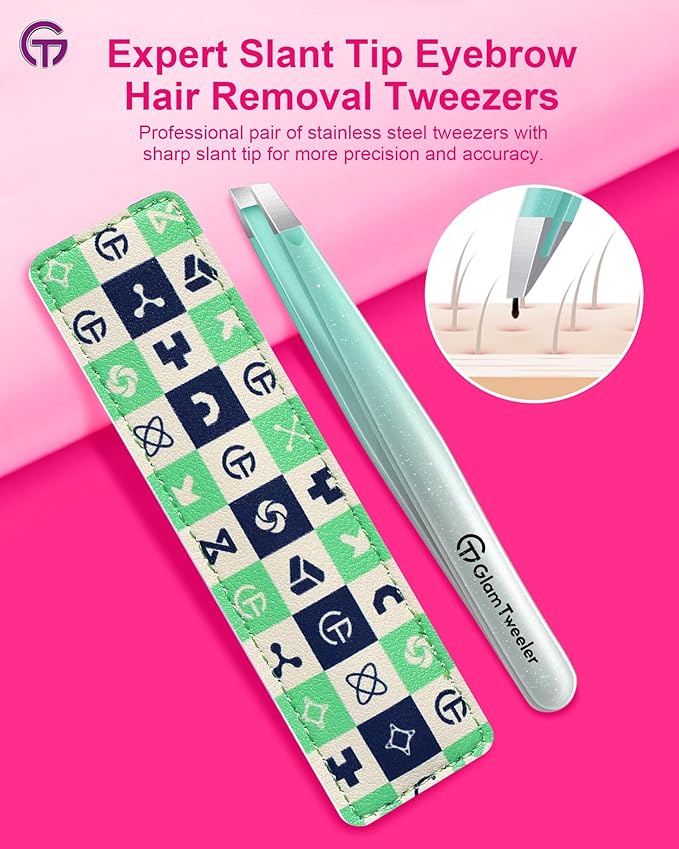 Expert Slant Tip Tweezers with Leather Case, GlamTweeler Sharp & Precision Stainless Steel Tweezer for Eyebrows, Facial Hair and Fine Hairs Removal (Sparkle Mint Green & Silver)