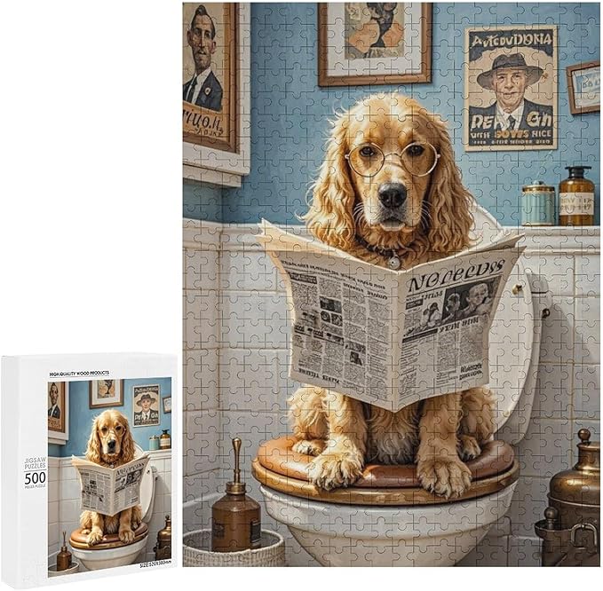 Funny Wooden Puzzle - Goldendoodle on Toilet Reading Newspaper Puzzle for Adult 500 Piece，Wooden Jigsaw Puzzles Art Leisure Game Fun Suitable Family Friends Educational Learning Games Gift