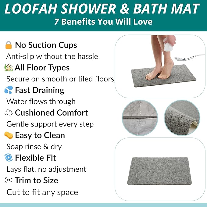ENKOSI Loofah Non-Slip Shower and Bath Mat - Soft Cushioned Comfort - No Suction Cups for Smooth or Textured Tubs - Fast Draining - Safety for Bathroom, Family, Kids, and Elderly 24x16 (Grey)