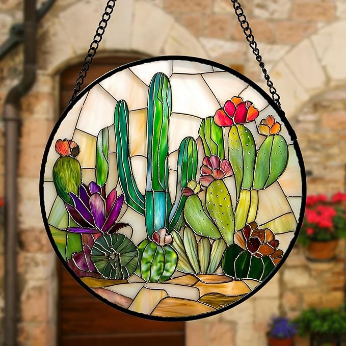 Stained Glass Window Hanging, White Green Cactus Suncatcher Diamond Glass Panel Hangings Sun Catchers Decor for Birthday for Women, Men, Wife, Aunt, and Mom 11.8x11.8 in