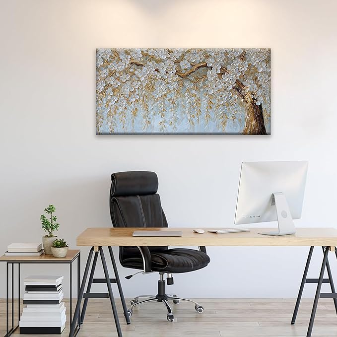 Suconvng Wall Art Living Room Flower White Tree Wall Art Modern Canvas Art Wall Decor Home Wall Decor Suitable Picture For Bedroom Apartment Office Can Be Hung 24" X 48"
