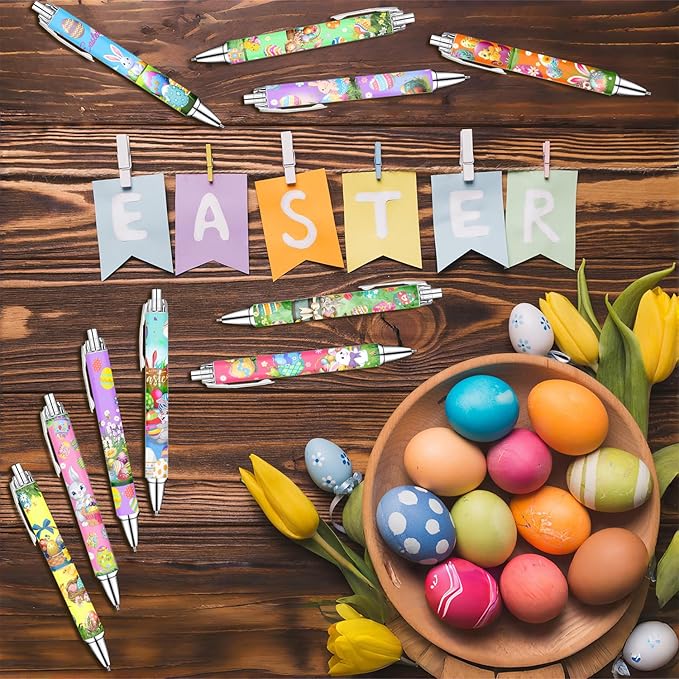 Spring Easter Ballpoint Pens Set of 10 – Bunny and Easter Egg Design with Cheerful Spring Words – Smooth Black Ink Writing Pens for Seasonal Gifts, Party Favors, Office, and Everyday Writing
