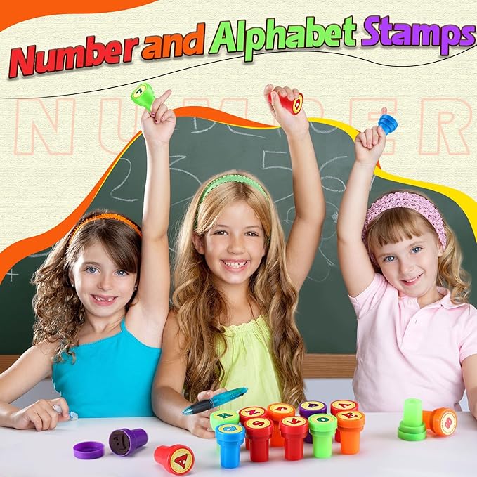 72 Pcs Number and Alphabet Stamps for Kids Letter Stamps for Kids Self Inking ABC for Boys and Girls, Classroom Rewards, Birthday Party Supplies